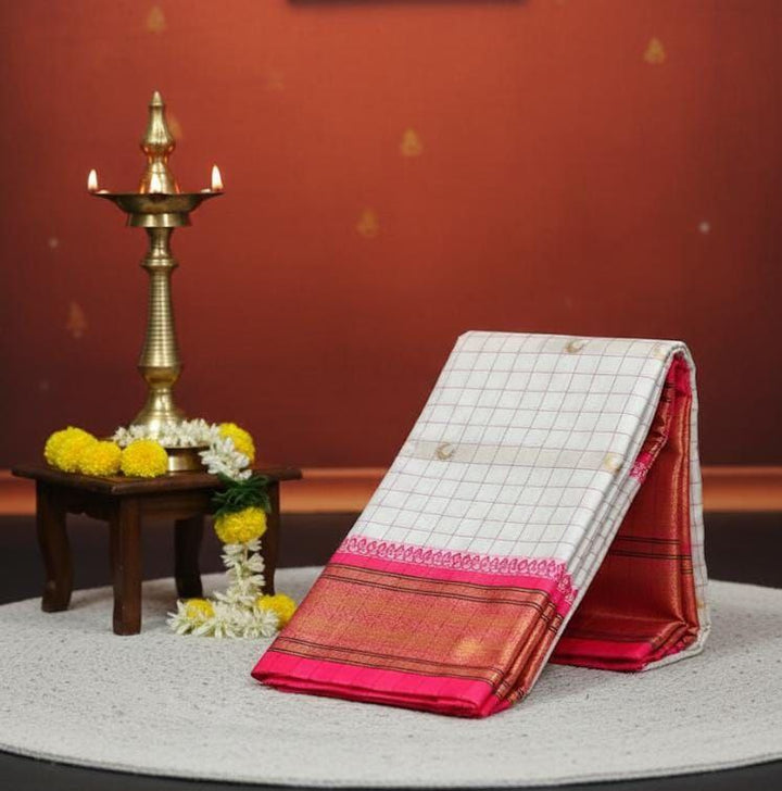 Royal  Kanjivaram Silk Saree with Elegant Checks &amp; Zari Border - WHITE
