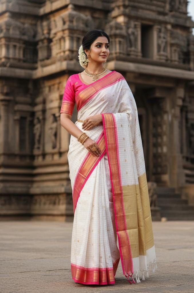 Royal  Kanjivaram Silk Saree with Elegant Checks &amp; Zari Border - WHITE