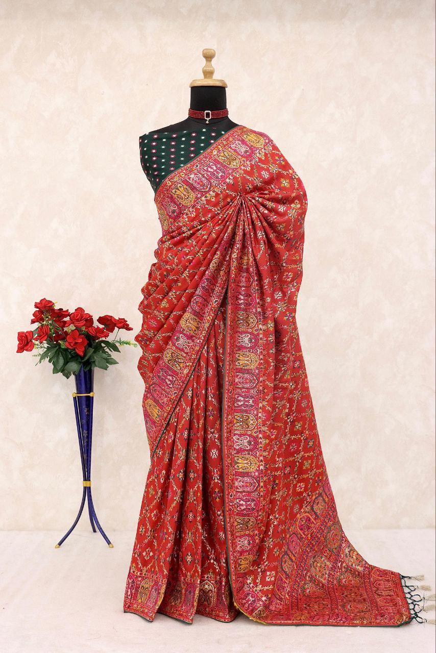 Royal Pashmina Weaving Soft Silk Saree with Paithani Border - RED