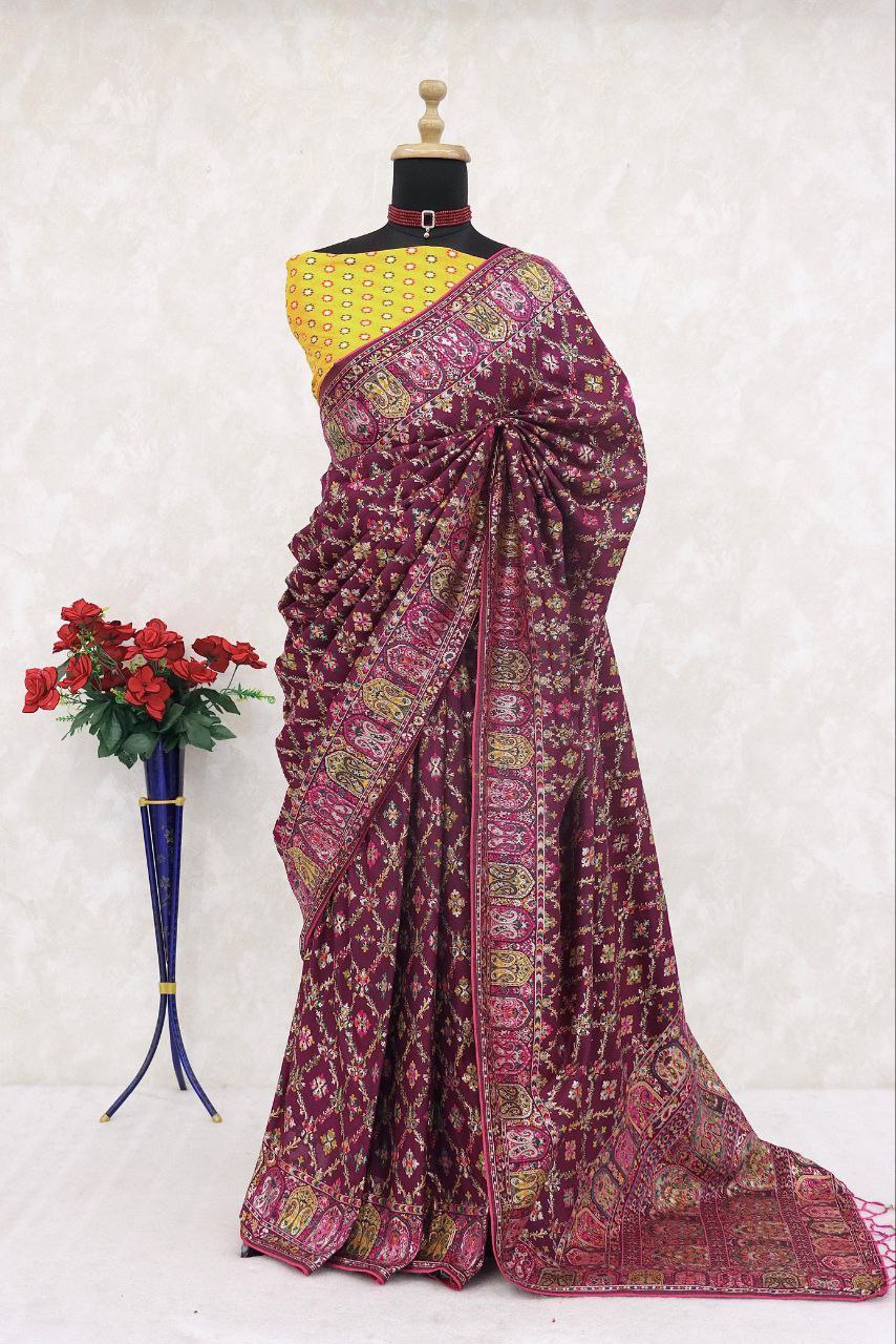 Royal Pashmina Weaving Soft Silk Saree with Paithani Border - WINE