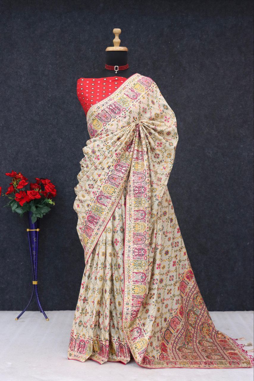 Royal Pashmina Weaving Soft Silk Saree with Paithani Border - OFF-WHITE