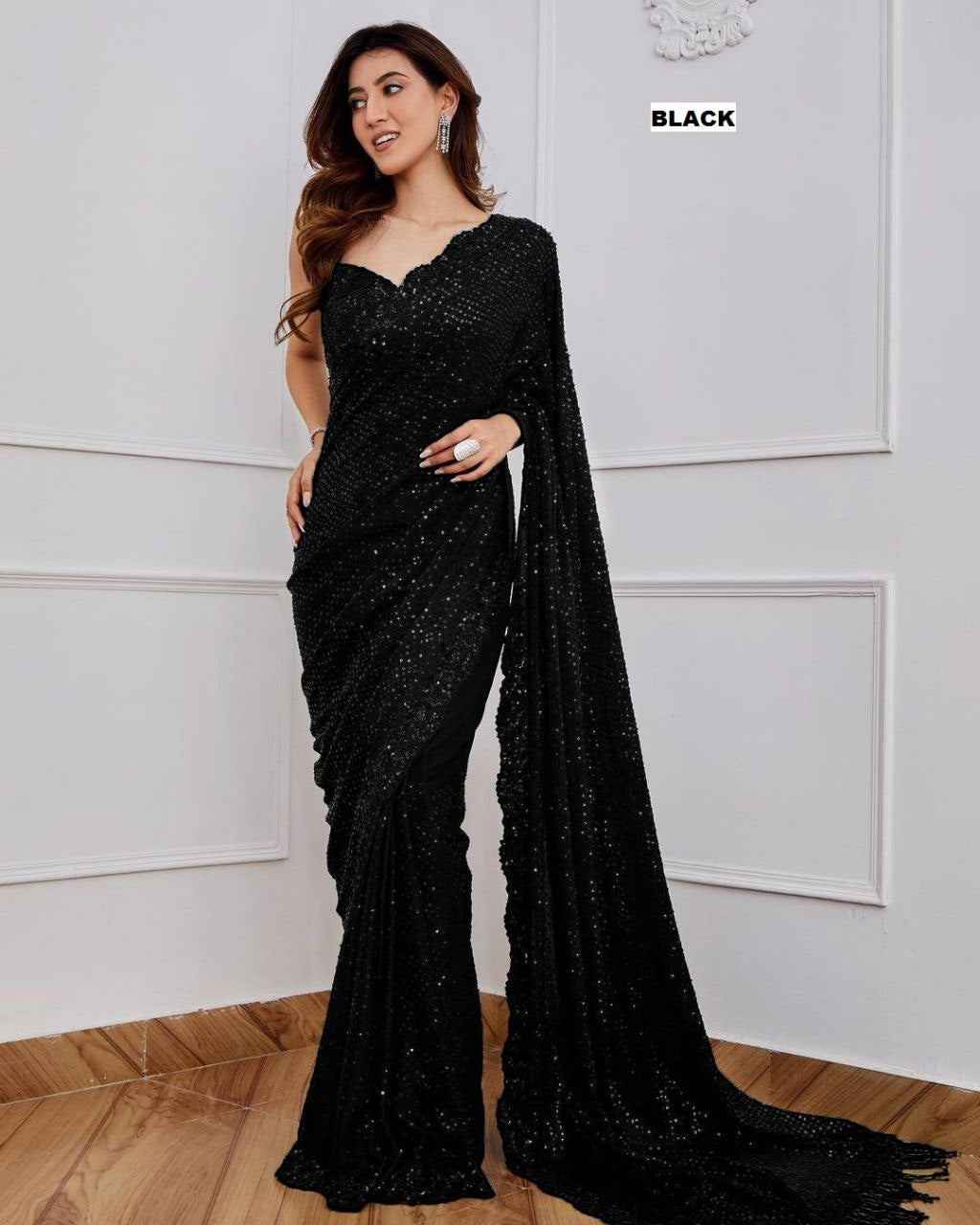 Bollywood Blockbuster Georgette Sequins Embroidered Saree with Designer Silk Blouse-BLACK