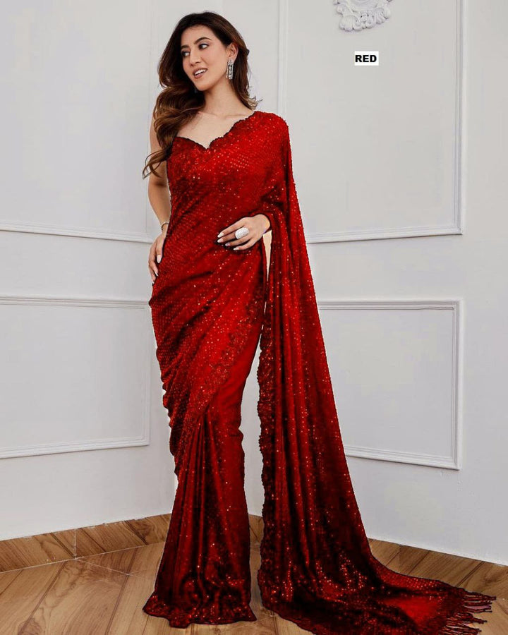 Bollywood Blockbuster Georgette Sequins Embroidered Saree with Designer Silk Blouse-RED