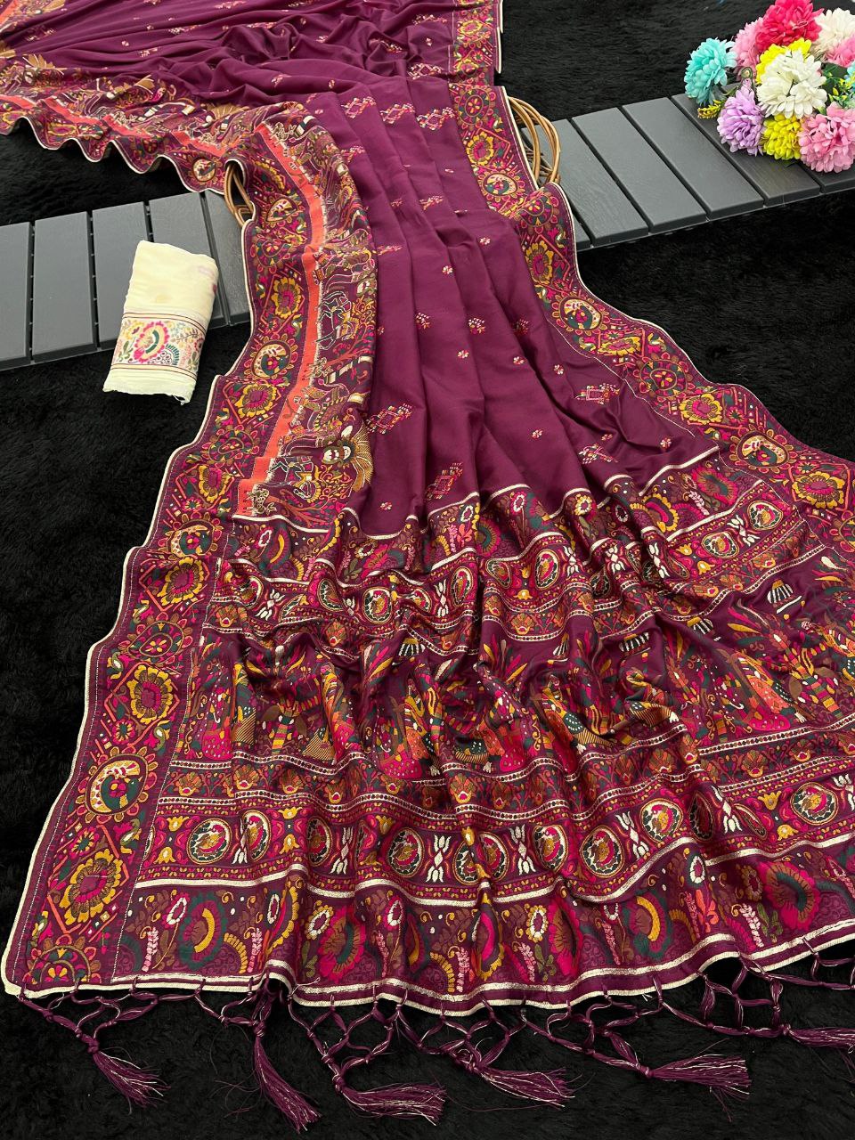 Royal  Soft Silk Saree with Intricate Pashmina Work &amp; Contrast Butti Blouse WINE