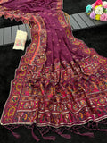 Royal  Soft Silk Saree with Intricate Pashmina Work & Contrast Butti Blouse WINE