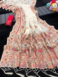 Royal  Soft Silk Saree with Intricate Pashmina Work & Contrast Butti Blouse WHITE