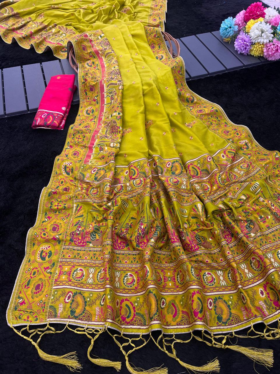 Royal  Soft Silk Saree with Intricate Pashmina Work &amp; Contrast Butti Blouse MUSTARD GREEN