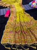 Royal  Soft Silk Saree with Intricate Pashmina Work & Contrast Butti Blouse MUSTARD GREEN