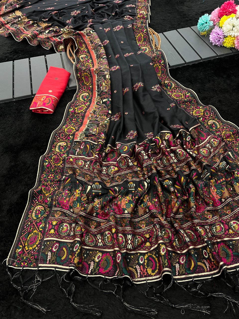 Royal  Soft Silk Saree with Intricate Pashmina Work &amp; Contrast Butti Blouse BLACK