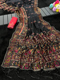 Royal  Soft Silk Saree with Intricate Pashmina Work & Contrast Butti Blouse BLACK