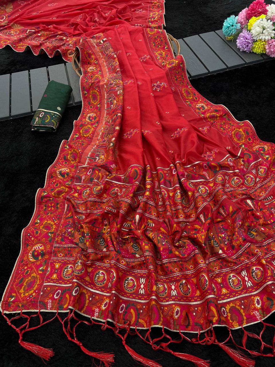 Royal  Soft Silk Saree with Intricate Pashmina Work &amp; Contrast Butti Blouse  RED