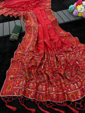 Royal  Soft Silk Saree with Intricate Pashmina Work & Contrast Butti Blouse  RED