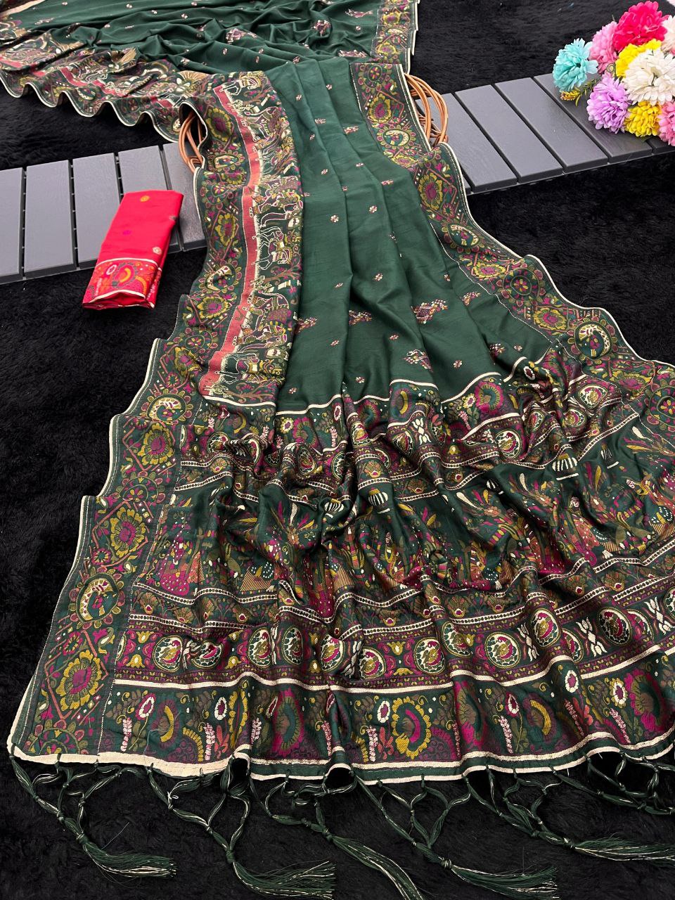 Royal  Soft Silk Saree with Intricate Pashmina Work &amp; Contrast Butti Blouse  GREEN