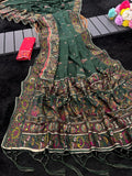 Royal  Soft Silk Saree with Intricate Pashmina Work & Contrast Butti Blouse  GREEN
