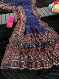 Royal  Soft Silk Saree with Intricate Pashmina Work & Contrast Butti Blouse  BLUE