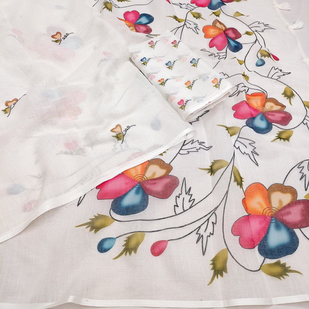 Floral Heart Elegance Linen Saree