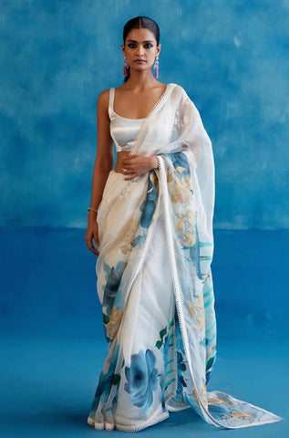 Ivory & Blue Silk Organza Floral Hand-Painted Saree