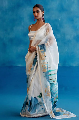 Ivory & Blue Silk Organza Floral Hand-Painted Saree