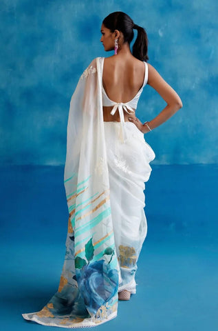 Ivory & Blue Silk Organza Floral Hand-Painted Saree