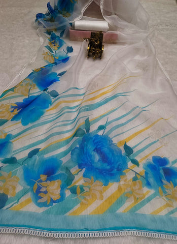 Ivory & Blue Silk Organza Floral Hand-Painted Saree