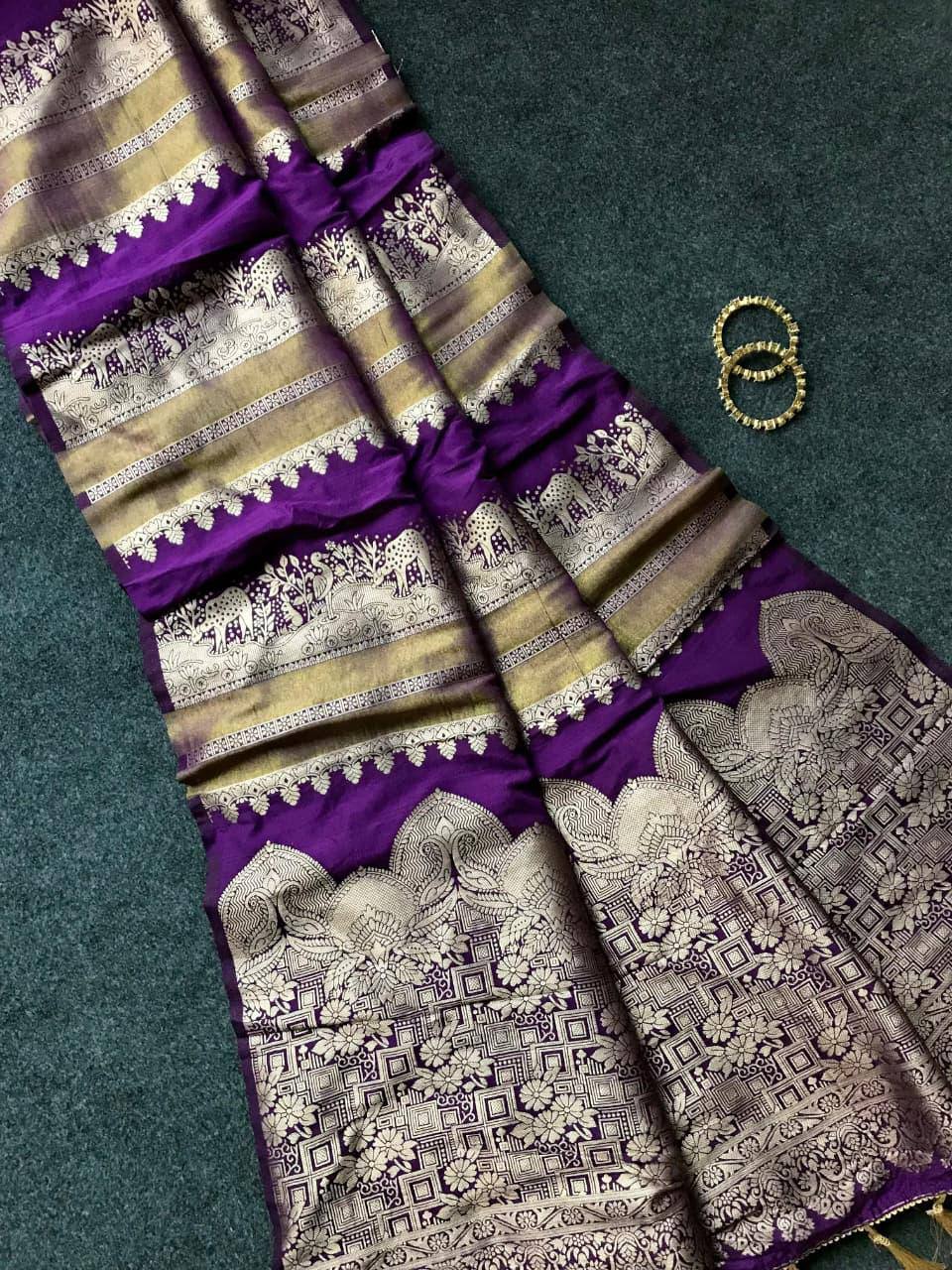 Royal Banarasi Silk Saree with Rich Zari Weaving &amp; Traditional Designer Pallu - PURPLE