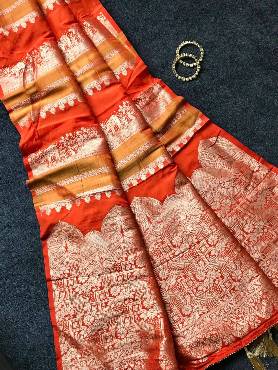 Royal Banarasi Silk Saree with Rich Zari Weaving &amp; Traditional Designer Pallu - ORANGE