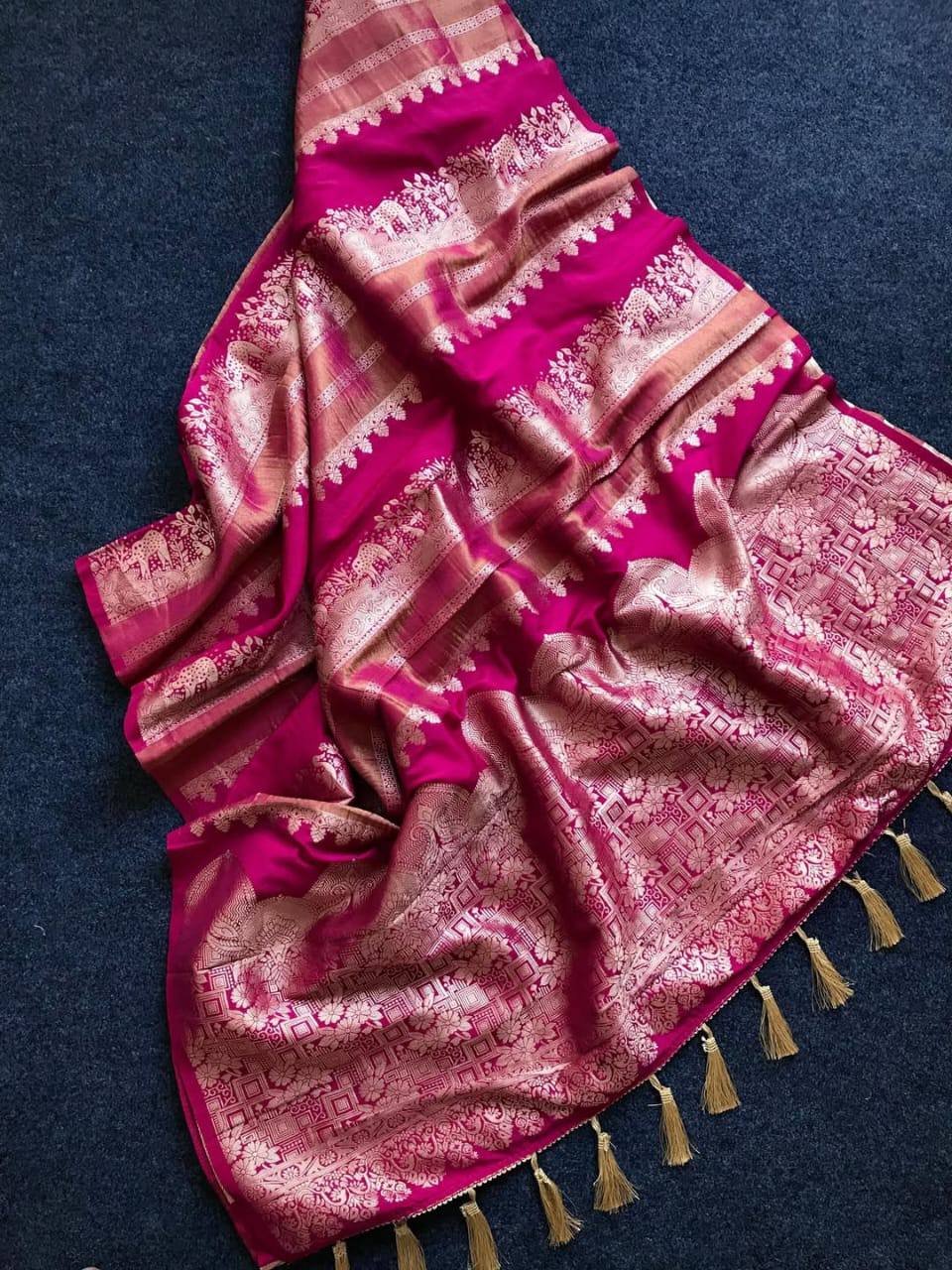 Royal Banarasi Silk Saree with Rich Zari Weaving &amp; Traditional Designer Pallu - PINK
