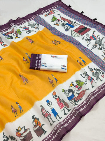 Mustard Yellow Soft Linen Cotton Warli Printed Saree With Tassles & Blouse Piece