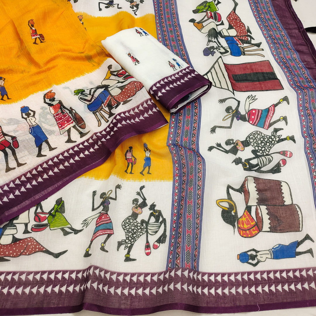 Mustard Yellow Soft Linen Cotton Warli Printed Saree With Tassles &amp; Blouse Piece