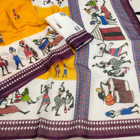 Mustard Yellow Soft Linen Cotton Warli Printed Saree With Tassles & Blouse Piece