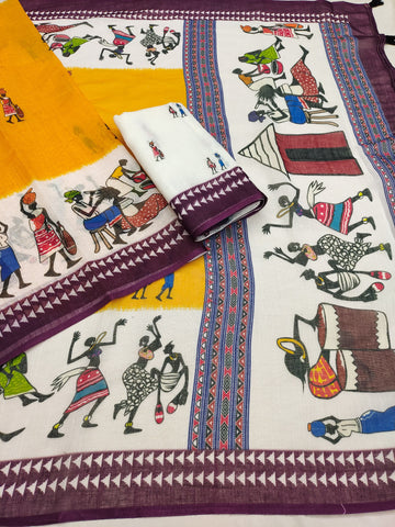 Mustard Yellow Soft Linen Cotton Warli Printed Saree With Tassles & Blouse Piece