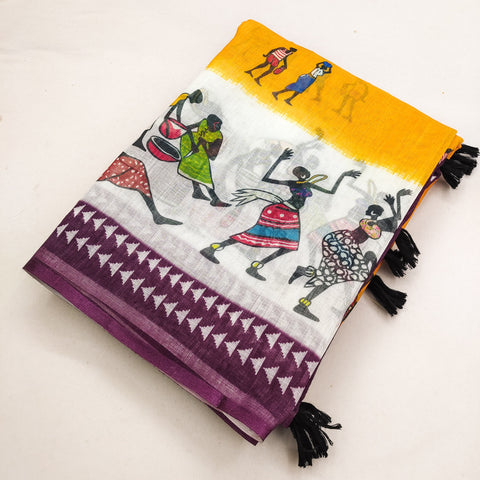 Mustard Yellow Soft Linen Cotton Warli Printed Saree With Tassles & Blouse Piece