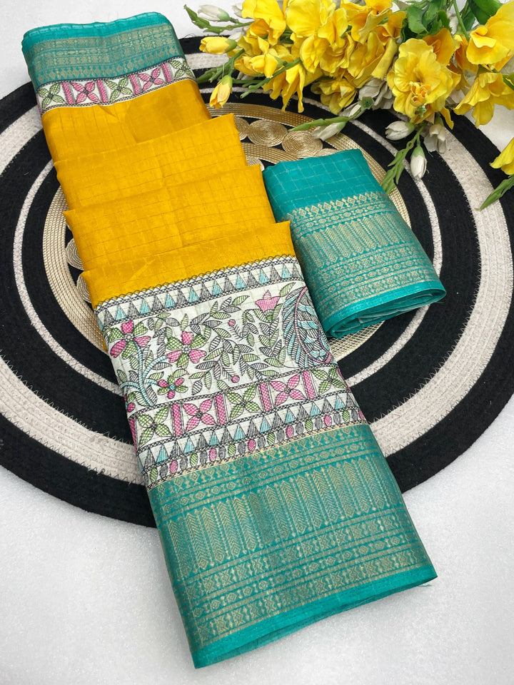 Royal Two-Tone Dolla Checks Saree With Jacquard Border &amp; Contrast Designer Blouse - YELLOW