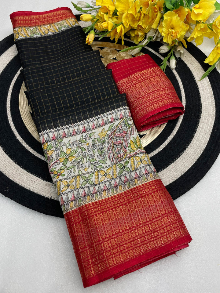 Royal Two-Tone Dolla Checks Saree With Jacquard Border &amp; Contrast Designer Blouse - BLACK
