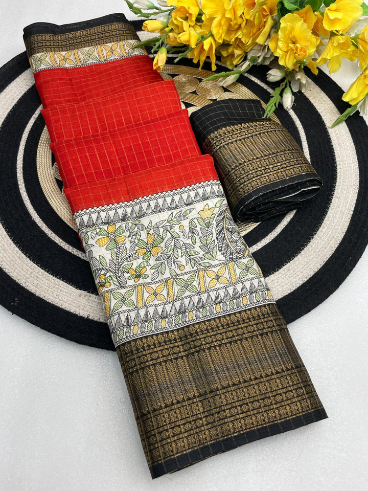 Royal Two-Tone Dolla Checks Saree With Jacquard Border &amp; Contrast Designer Blouse - ORANGE