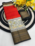Royal Two-Tone Dolla Checks Saree With Jacquard Border & Contrast Designer Blouse - ORANGE