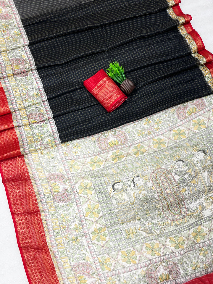 Royal Two-Tone Dolla Checks Saree With Jacquard Border &amp; Contrast Designer Blouse - BLACK