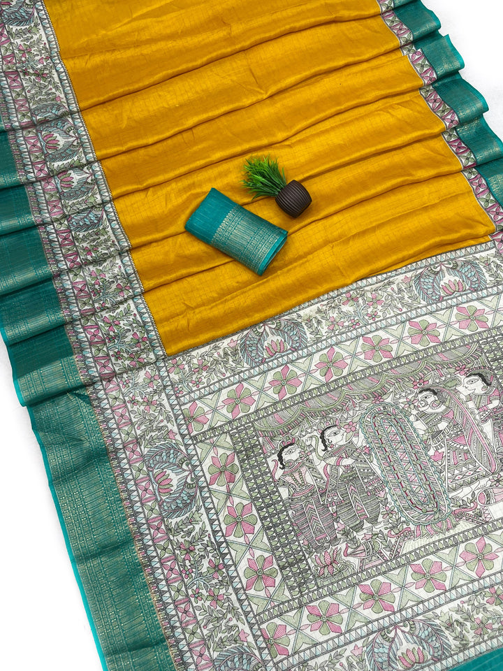 Royal Two-Tone Dolla Checks Saree With Jacquard Border &amp; Contrast Designer Blouse - YELLOW