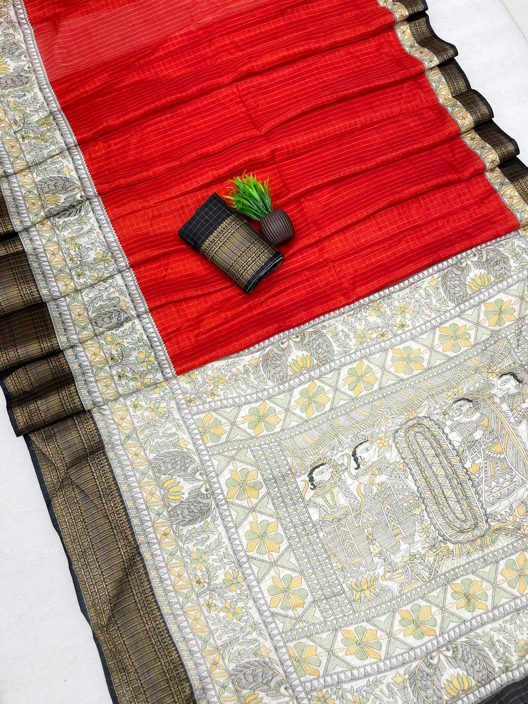 Royal Two-Tone Dolla Checks Saree With Jacquard Border &amp; Contrast Designer Blouse - ORANGE