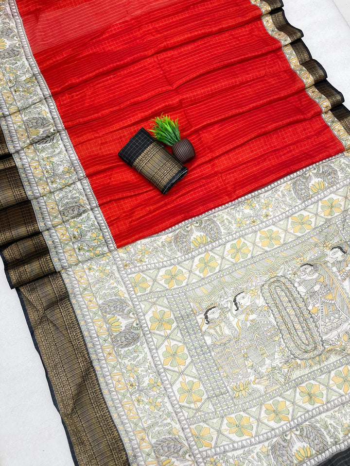 Royal Two-Tone Dolla Checks Saree With Jacquard Border &amp; Contrast Designer Blouse - ORANGE