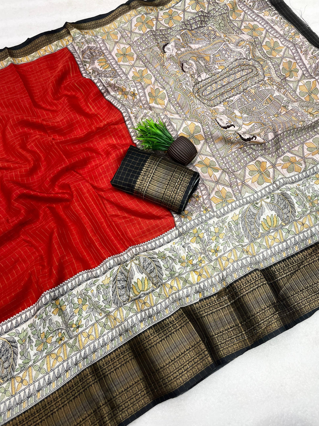 Royal Two-Tone Dolla Checks Saree With Jacquard Border &amp; Contrast Designer Blouse - ORANGE
