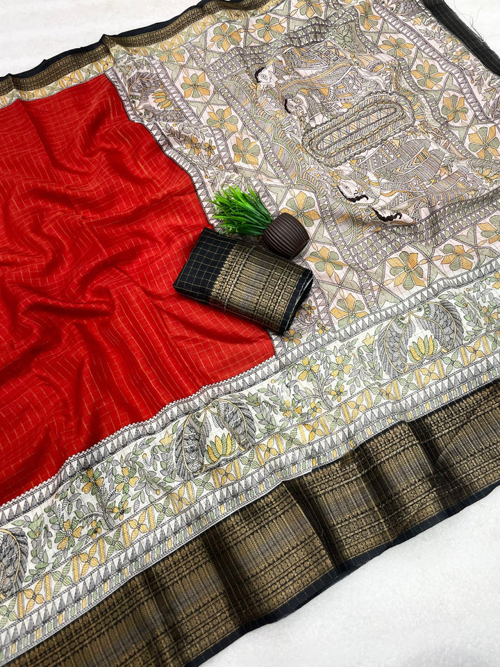 Royal Two-Tone Dolla Checks Saree With Jacquard Border &amp; Contrast Designer Blouse - ORANGE