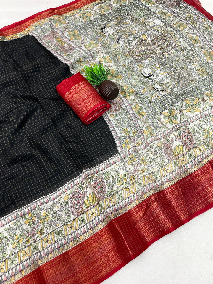 Royal Two-Tone Dolla Checks Saree With Jacquard Border &amp; Contrast Designer Blouse - BLACK