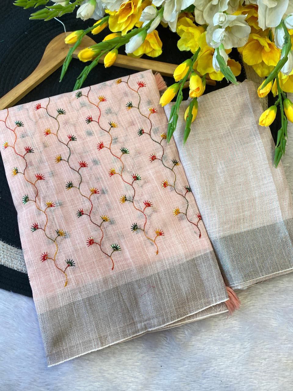Blush Blossom Embroidered Linen Elegance Saree - PEACH