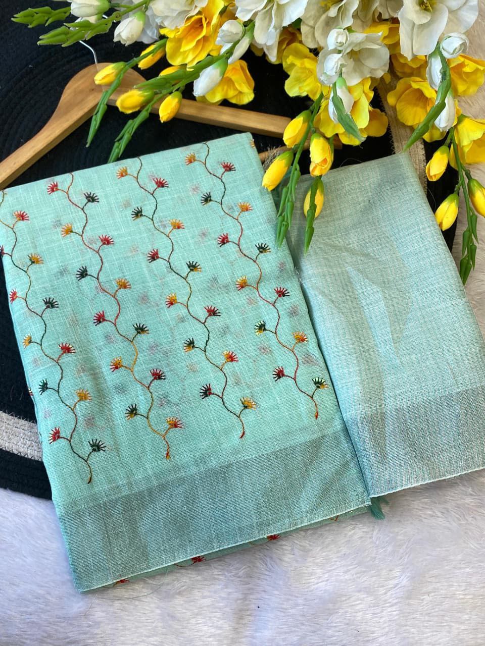 Blush Blossom Embroidered Linen Elegance Saree - OCEAN BLUE