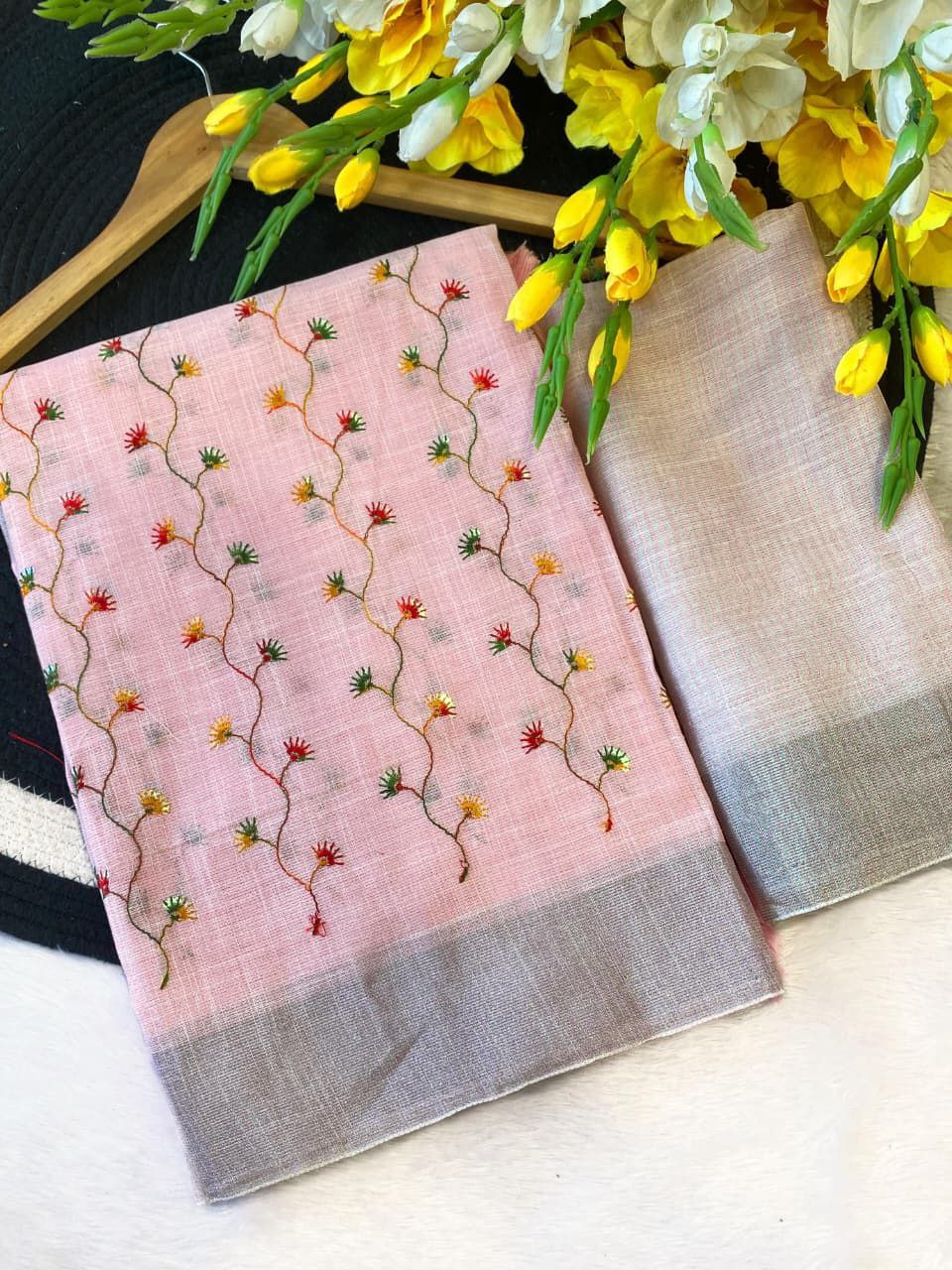 Hand-Embroidered Floral Dress Material   PINK