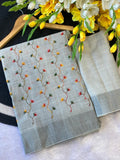 Hand-Embroidered Floral Dress Material   GREY