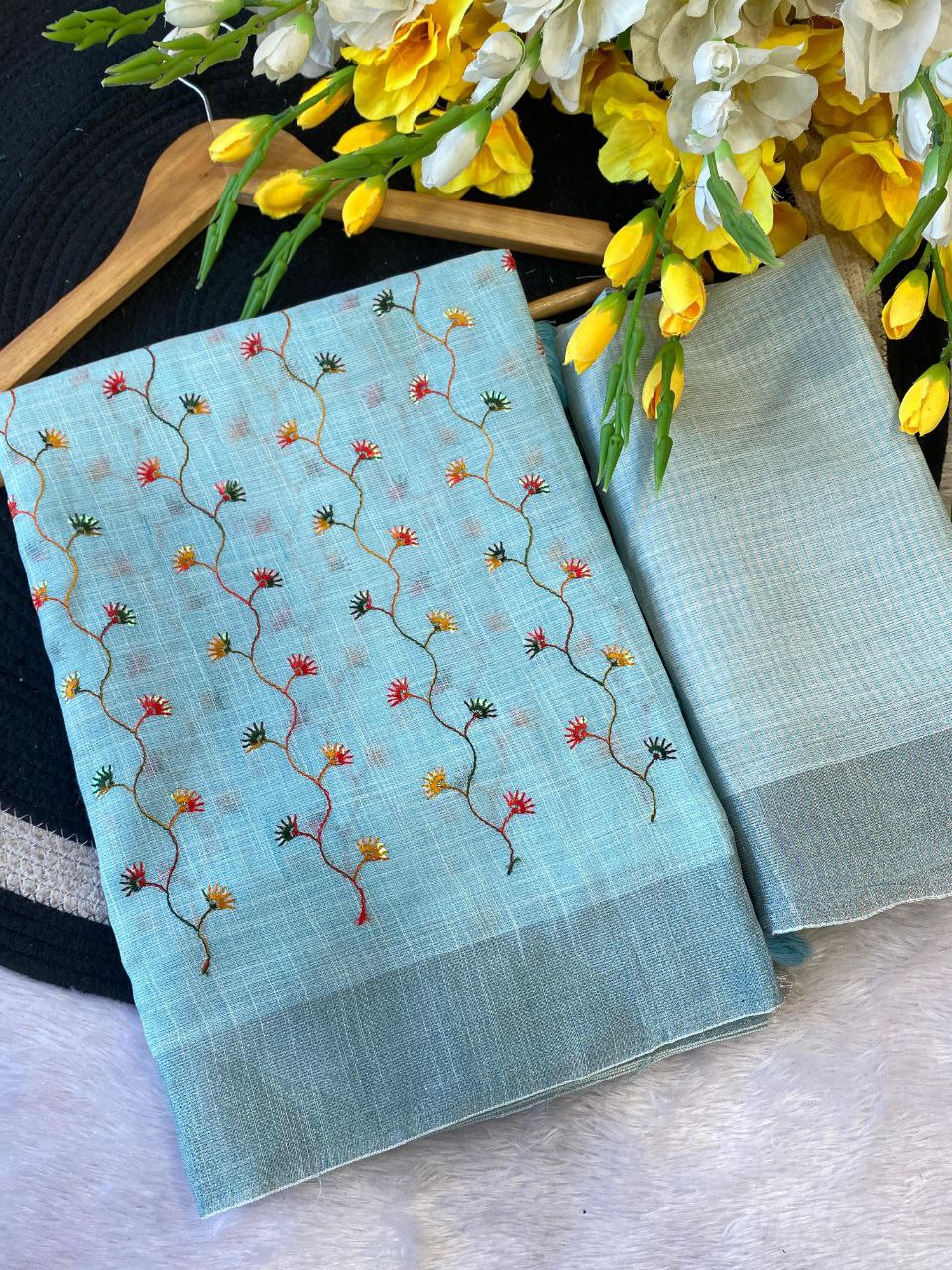 Hand-Embroidered Floral Dress Material  SKY BLUE