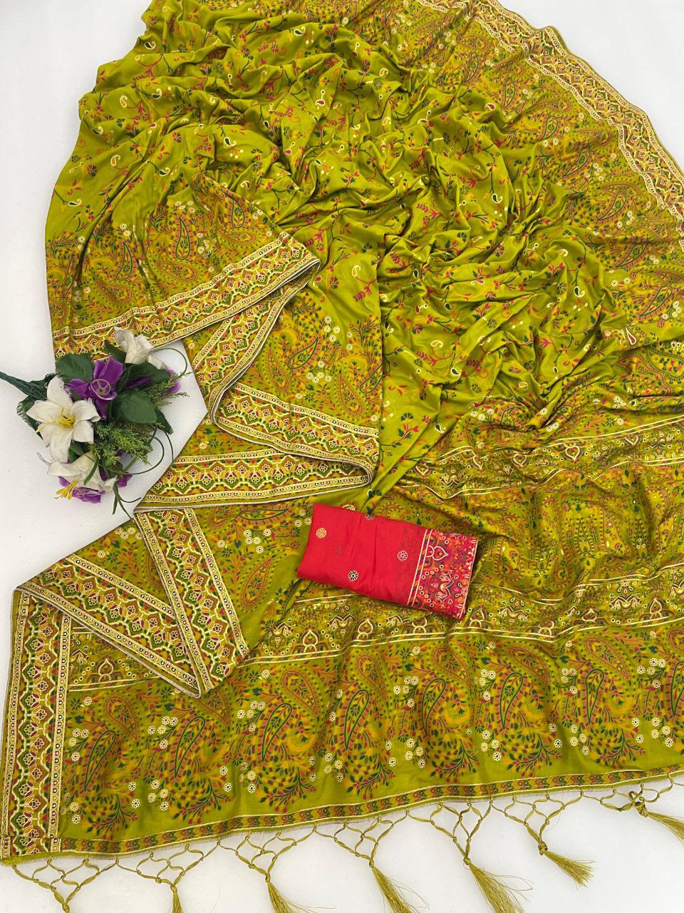 Royal Pashmina Kaju Soft Silk Saree -PISTA LIME GREEN