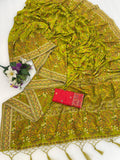 Royal Pashmina Kaju Soft Silk Saree -PISTA LIME GREEN